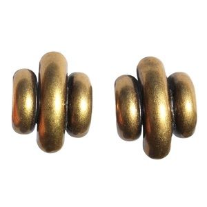 Vintage Brass Clip On Earrings Modernist Style Ribbed Texture Large Statement